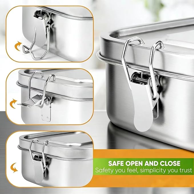 Stainless Steel Bento Box 40oz with 3 Compartments, Stainless Steel Lunch Box 1200ml, Metal Lunch Containers with Sealing Lockable Clips, Snack Containers for Adults Travel Work Dishwasher Safe