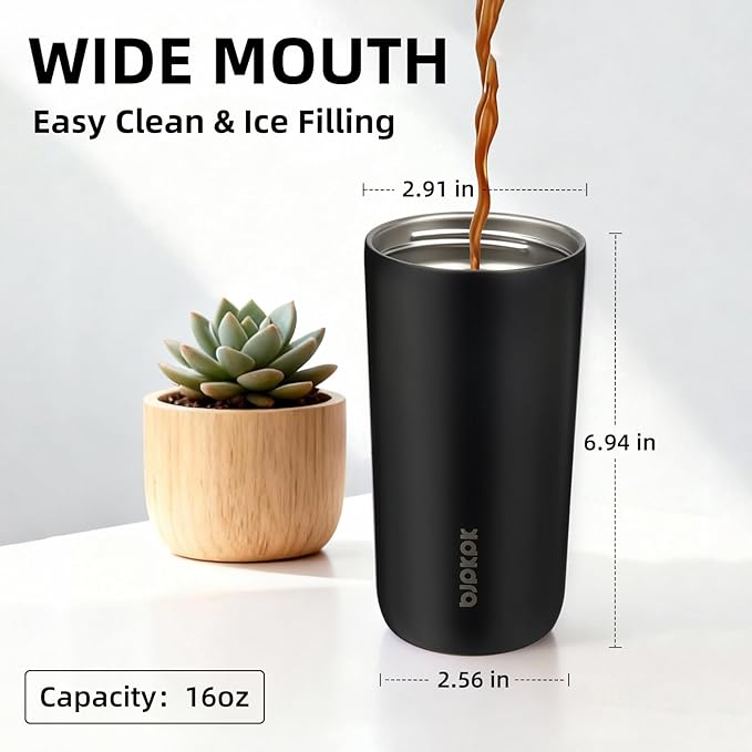 BJPKPK 16oz Insulated Tumbler with Lid,Travel Coffee Mug Stainless Steel,Leakproof Reusable Thermal Cup for Cold and Hot Drinks,Black