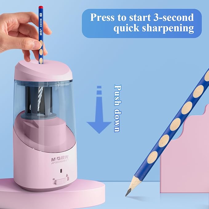 M&G Pink Electric Pencil Sharpener, Portable Automatic Pencil Sharpener for Colored Pencils, Auto Stop, Super Sharp & Fast, USB Operated for 6-8mm Pencils for Kids, School, Office, Home (Pink)