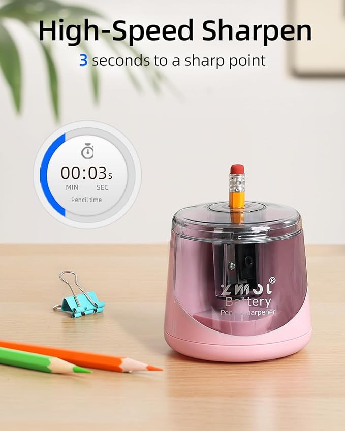 ZMOL Battery Powered Electric Pencil Sharpener,Small Battery Operated Pencil Sharpeners Portable,Fast Sharpen, Suitable for No.2/Colored Pencils(6-8mm), School/Classroom/Office/Home Pink