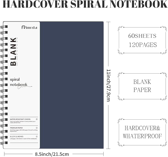 Notebook Spiral Notebook 8.5" x 11"-4 Pack Notebook 120 Pages 100 GSM Thick Blank Sketchbook Hardcover Journal for School (4 BLANK, Mult-color)