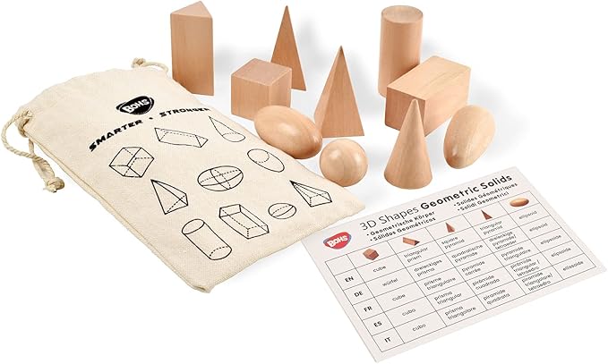 BOHS 3D Shapes Guess Game - 10 Sets Bulk Supplies - Solid Figures Geometry Miniature Set in Mystery Bag - Wooden Montessori Toys