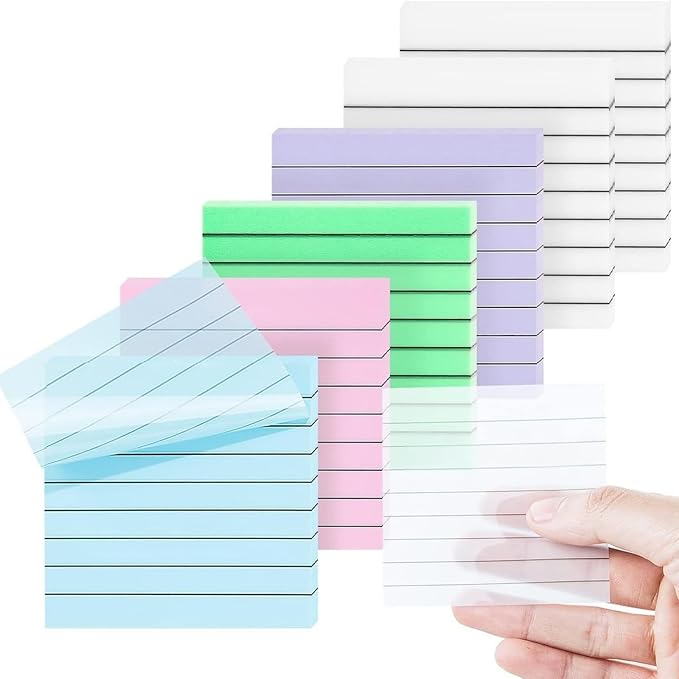 6 Pads 300 Sheets Clear Transparent Lined Sticky Notes 3x3 Inches, Easy to Post It for Office, Home, Notebook, Meeting, Reusable Annotation Supplies, Line 5 Colors