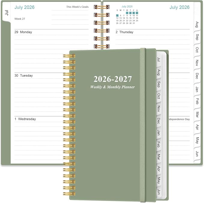 2026-2027 Pocket Planner/Calendar - 2026-2027 Planner from July 2026 - June 2027, Planner 26-27 with 12 Tabs, Twin-Wire Binding, Inner Pocket, 3.75" x 6.75, Green
