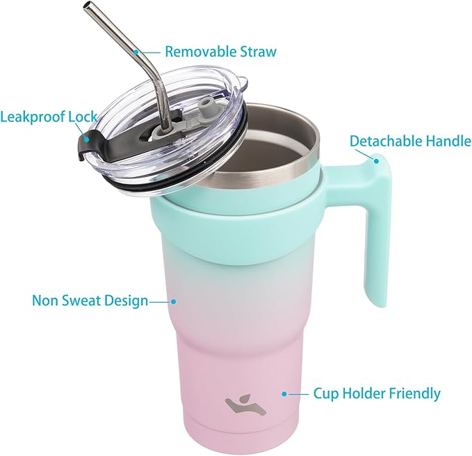 Konokyo 20 oz Tumbler with Handle and 2 Straw 2 Lid, Insulated Water Bottle Stainless Steel Vacuum Cup Reusable Travel Mug,Gum