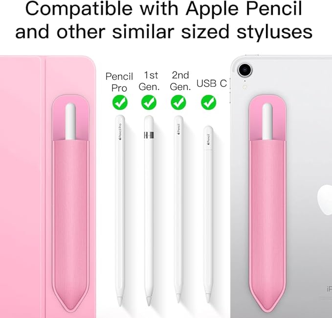 MoKo Pencil Holder Sticker Fit Apple Pencil Pro/ (USB-C)/ 1st/ 2nd Generation, Elastic Pencil Pocket Pouch Adhesive Sleeve Attached to iPad Case for Stylus Pens, 2 Pieces Flowers Pink