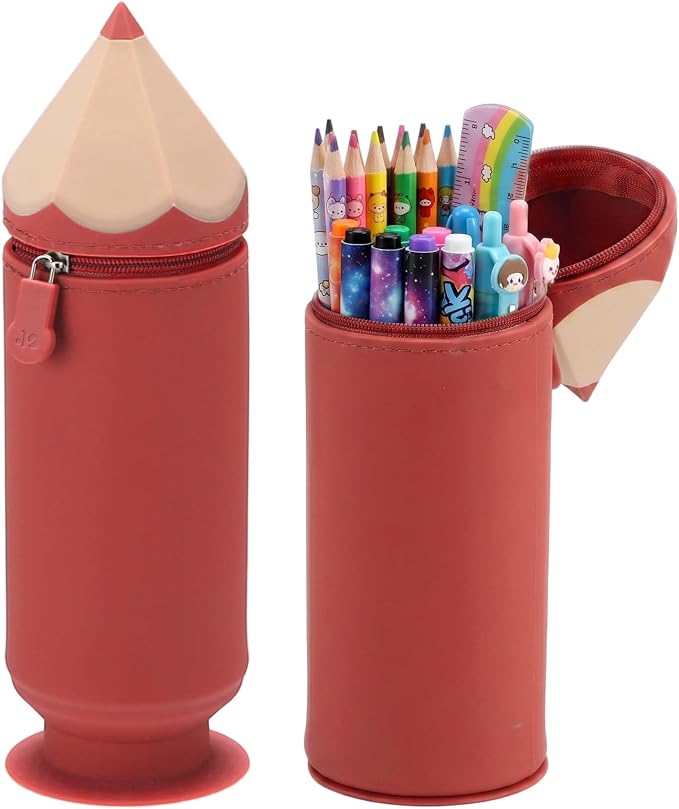 PAMASE Standing 2-in-1 Pencil Case & Pen Holder for Girls Boys, Red | Cute Soft Silicone Pencil Pouch Bag, with Zipper and Pull-Out Base, for Kids School Supplies