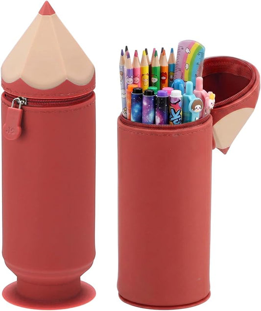PAMASE Standing 2-in-1 Pencil Case & Pen Holder for Girls Boys, Red | Cute Soft Silicone Pencil Pouch Bag, with Zipper and Pull-Out Base, for Kids School Supplies