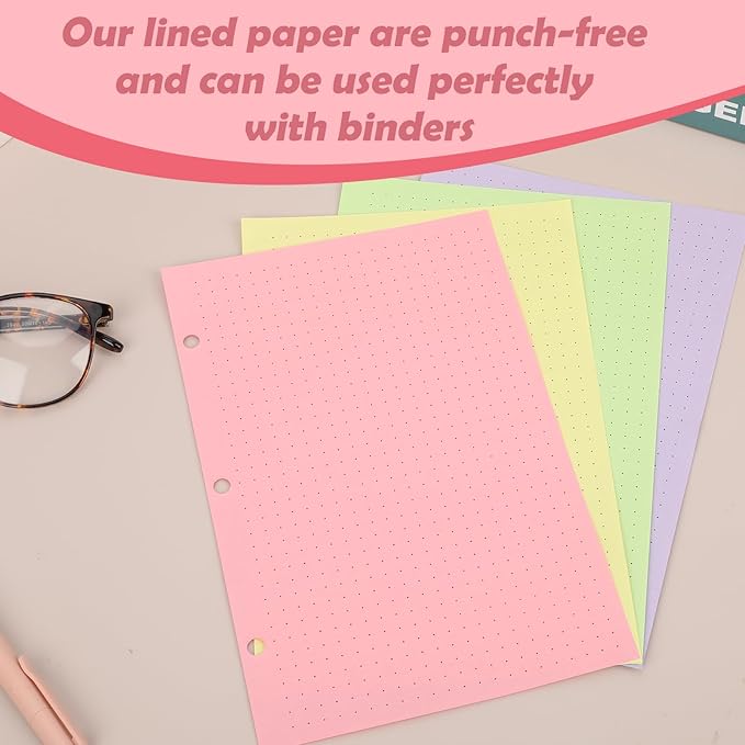 100 sheet Half Letter Dotted Refill Paper 3 Hole Punch 5-1/2 x 8-1/2 College Ruled Dot Grid Paper Refill Colored Mini Binder Paper Planner Inserts Fits Mini 3 Ring Binder Office