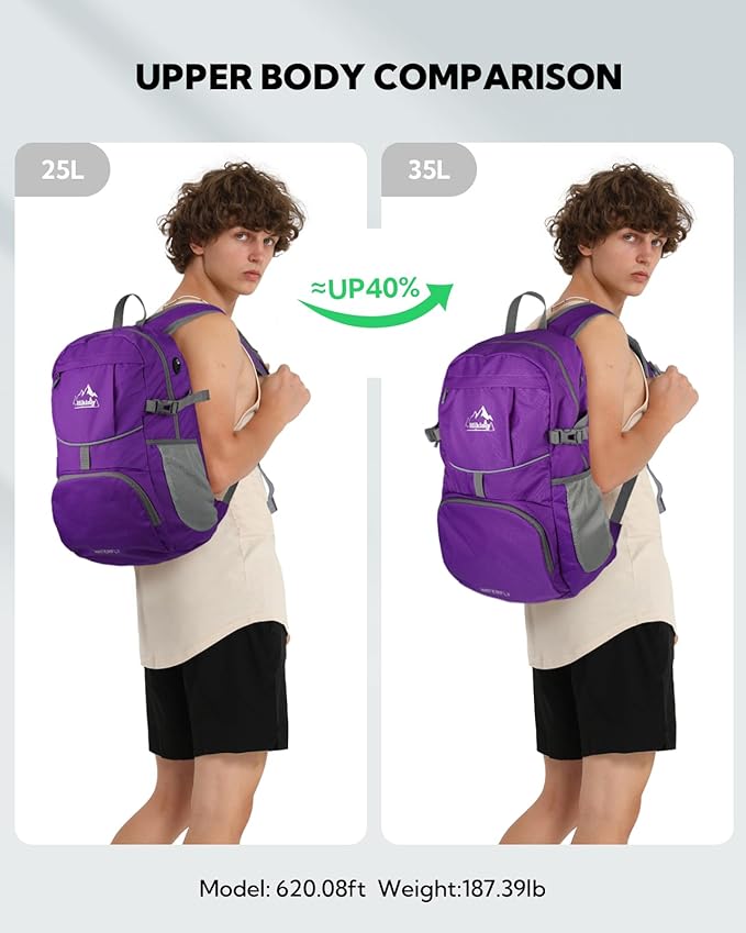 WATERFLY Hiking Packable Daypack Backpack: 35L Ultra Lightweight Day Pack for Women Men - Large Foldable Back Pack for Outdoor Sport Cycling Camping Travel Trip - Purple