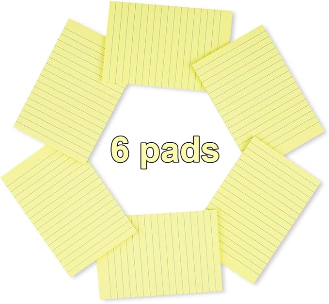 (6 Pack) Lined Sticky Notes 4x6 in,Yellow Large Notepads with Lines,Ruled Stickies Super Sticking Power,Office School Memo Note Pads,Post on Windows Doors,Recyclable,Easy to Write on,Hold Well