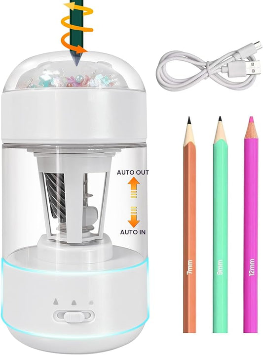 Electric Pencil Sharpener(6-8mm), Fully Automatic Colored Pencil Sharpener for Kids with Auto in & Out Rechargeable Sharpener for Classroom//Office/Home Kids Gift