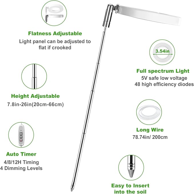 LORDEM Grow Light, Full Spectrum LED Plant Light for Indoor Plants, Height Adjustable Growing Lamp with Auto On/Off Timer 4/8/12H, 4 Dimmable Brightness, Ideal for Small Plants, 4 Packs