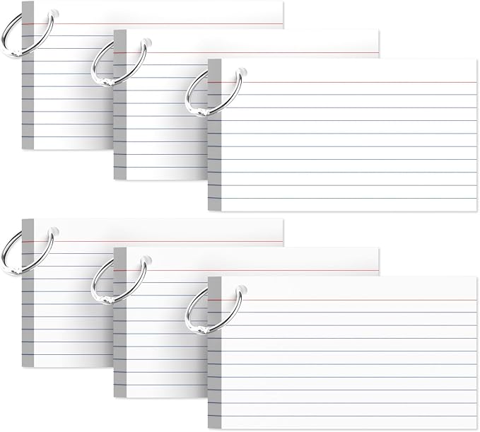 300 Count Index Cards with Ring, 3x5 Inch, 6-Pack of White Ruled Pads, 50 Sheets per Pad, Study & Flash Card School Supplies for Students & Professionals