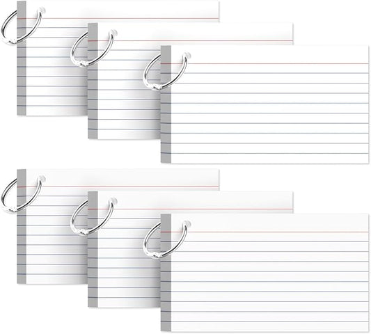 300 Count Index Cards with Ring, 3x5 Inch, 6-Pack of White Ruled Pads, 50 Sheets per Pad, Study & Flash Card School Supplies for Students & Professionals
