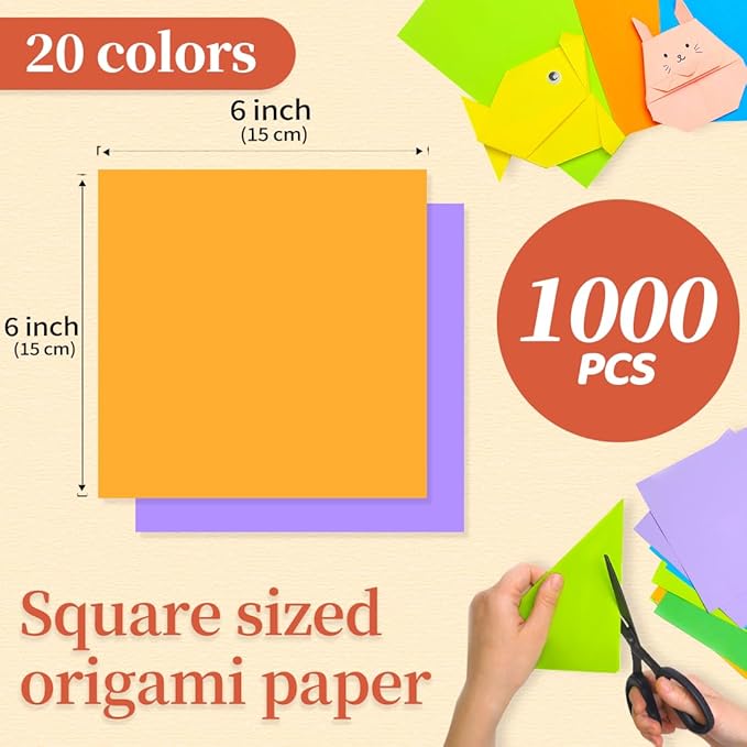 IOOLEEM Origami Paper, 1000 Sheets, 20 Colors Origami Paper, 6 Inch Square, Double Sided Colored paper.