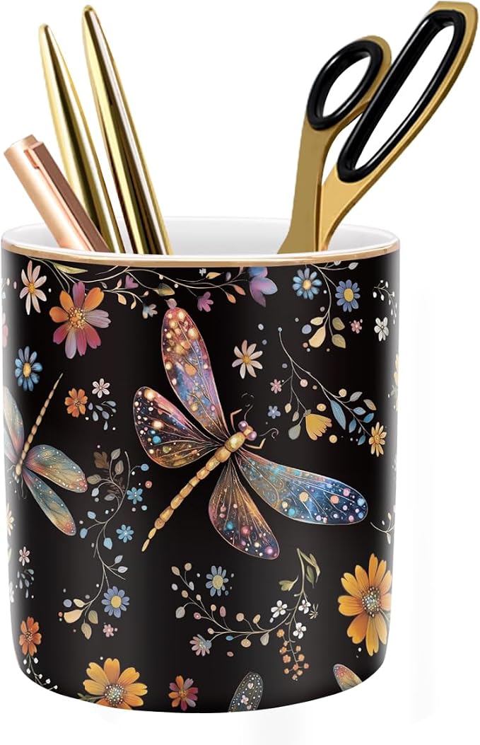 Pen Holder, Pencil Cup for Desk, Cute Makeup Brush Holder, Durable Ceramic Organizer Decor for Room, Office, Classroom, Cute Dragonfly Pattern