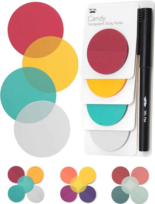Mr. Pen- Round Transparent Sticky Notes, 1.8”, 4 Pads with Black Fineliner, 200 Sheets, Smooth Writing, Water-Resistant, Clean Removal, Easy-Peel Sticky Notes for Bible Journaling & Planning