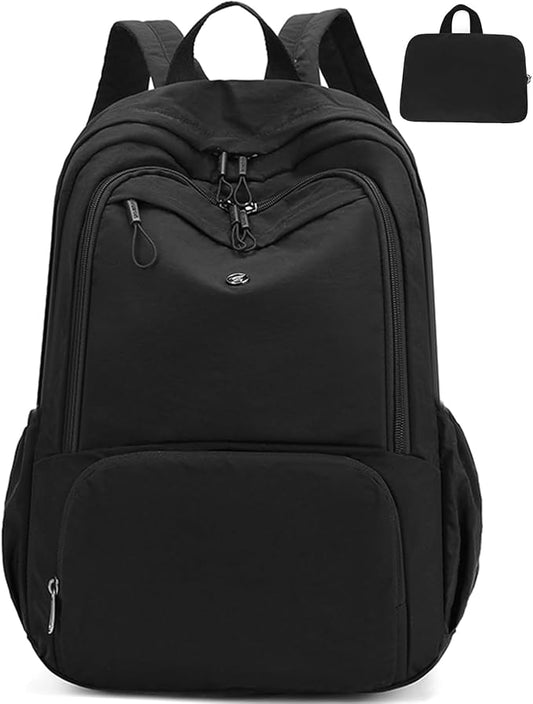 Foldable Backpack for Women, Lightweight Travel Backpack Purse Black | with Luggage Strap, Packable Causal Daypack, Chic Bookbag, Water-Resistant Gym School Backpack for Travel College Daily Use