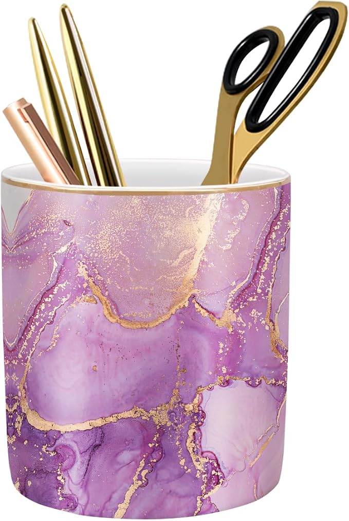 Pen Holder for Desk, Cute Ceramic Pencil Holder, Pen Cup Marker Holder Makeup Brush Holders, Desk Accessories & Workspace Organizers for Home, Office, Purple Marble