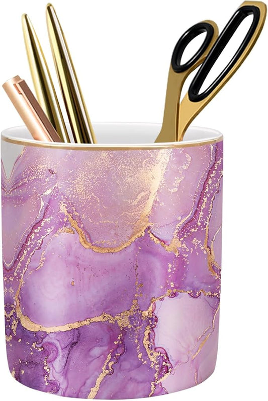 Pen Holder for Desk, Cute Ceramic Pencil Holder, Pen Cup Marker Holder Makeup Brush Holders, Desk Accessories & Workspace Organizers for Home, Office, Purple Marble