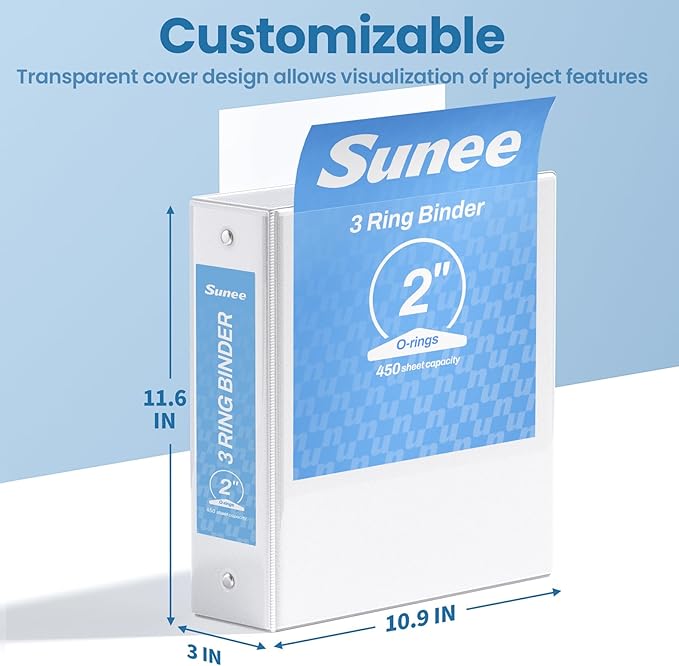 SUNEE 3 Ring Binders 2 Inch 8 Pack, Clear View Binders Three Ring PVC-Free (Fit 8.5x11 Inches) for School or Office Supplies, White