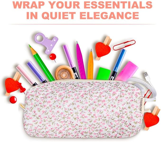 Cute Quilted Pencil Case for Girls Women, Aesthetic Small Floral Pencil Pouch,Slim Soft Pencil Bag for School Supplies Makeup Pouch for School & Daily Use (pink floral)