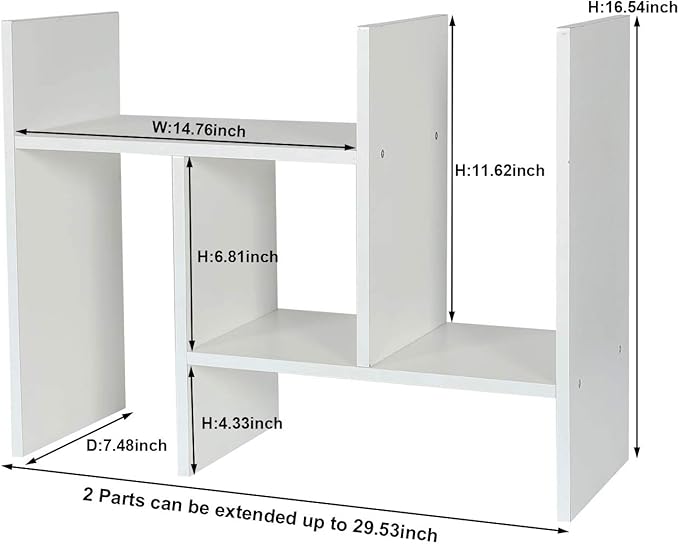 PAG Adjustable Desktop Shelf Wood Small Bookshelf Desk Supplies Organizers and Accessories Storage Display Rack Office Decor, White