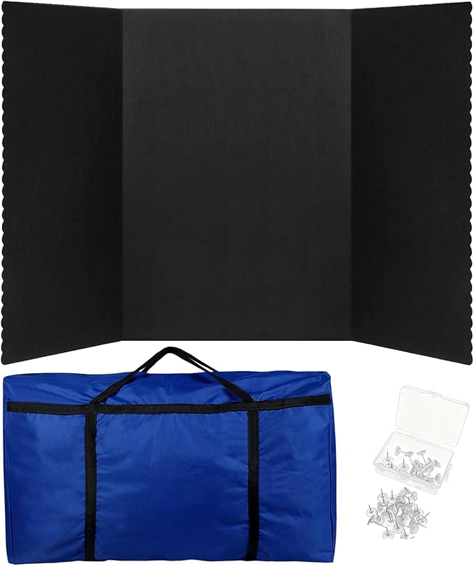 Trifold Poster Board with Storage Bag and Nails 72 x 36 Inch Black Hook and Loop Fabric Foldable 3 Panel Presentation Board for Science Fair and Exhibitions