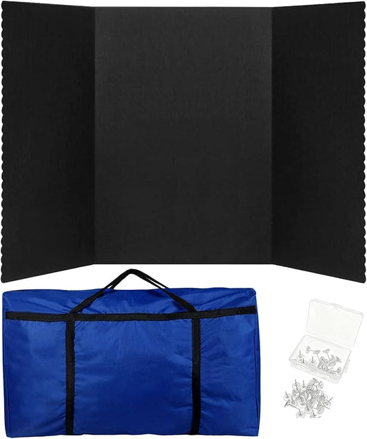 Trifold Poster Board with Storage Bag and Nails 72 x 36 Inch Black Hook and Loop Fabric Foldable 3 Panel Presentation Board for Science Fair and Exhibitions
