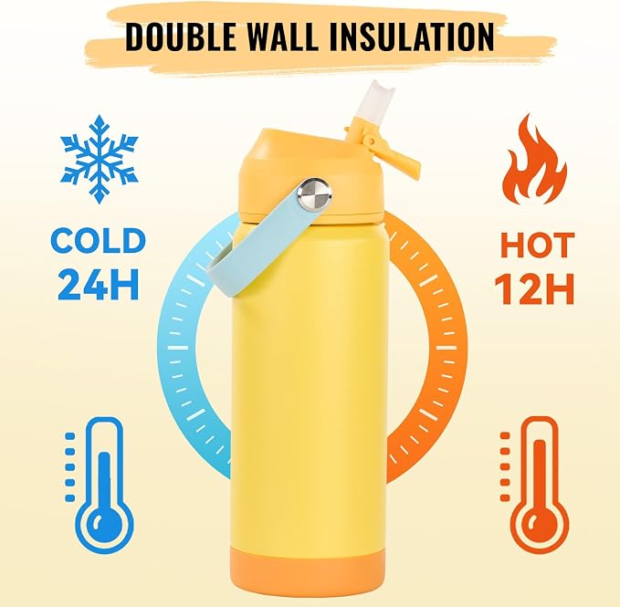 Fijinhom 18oz Insulated Stainless Steel Water Bottle, Wide Mouth Double Wall Vacuum, Silicone Straw, Sweat & Leak Proof, BPA Free Insulated Water Flask for Travel, Keep Cold 24h Hot 12h, Lemon