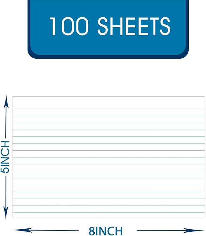 Index Cards 5x8, White Ruled Index Cards, Flash Cards for Studying, File Note, Flash, Study Cards, 100 Pcs Lined Index Flashcards for Office and School Supplies