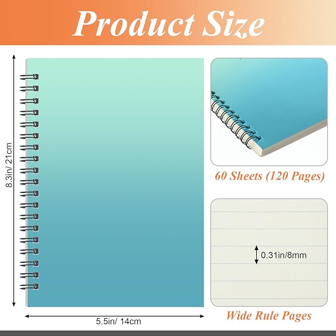 Leelosp 12 Pcs Small Spiral Notebook Lined Spiral Journal College Ruled Notebook Wire Bound Kraft Cover, 120 Pages for Work (Gradient Color,5.5 x 8.3 Inch)