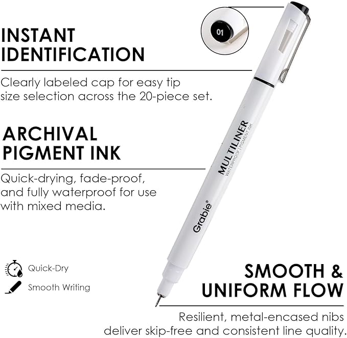Grabie Micro Finerliner Pens, 6 Black Fine Line Waterproof Drawing Pens, Assorted Point Sizes for Sketching, Illustration, Journaling, Art Supplies