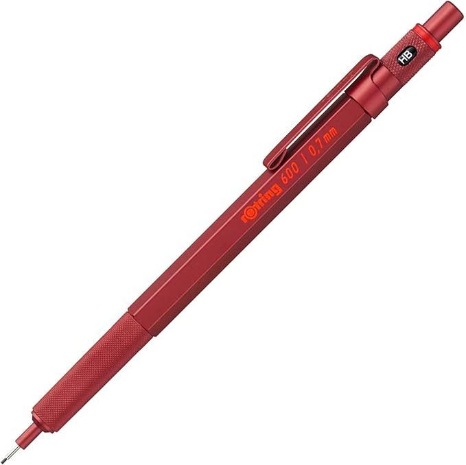 rOtring 600 Mechanical Pencil | HB 0.7 mm | Red All-Metal Body | Hexagonal Barrel | All-metal hexagonal 600 pencil with knurled grip and lead-grade indicator for precise sketching, shading and writing