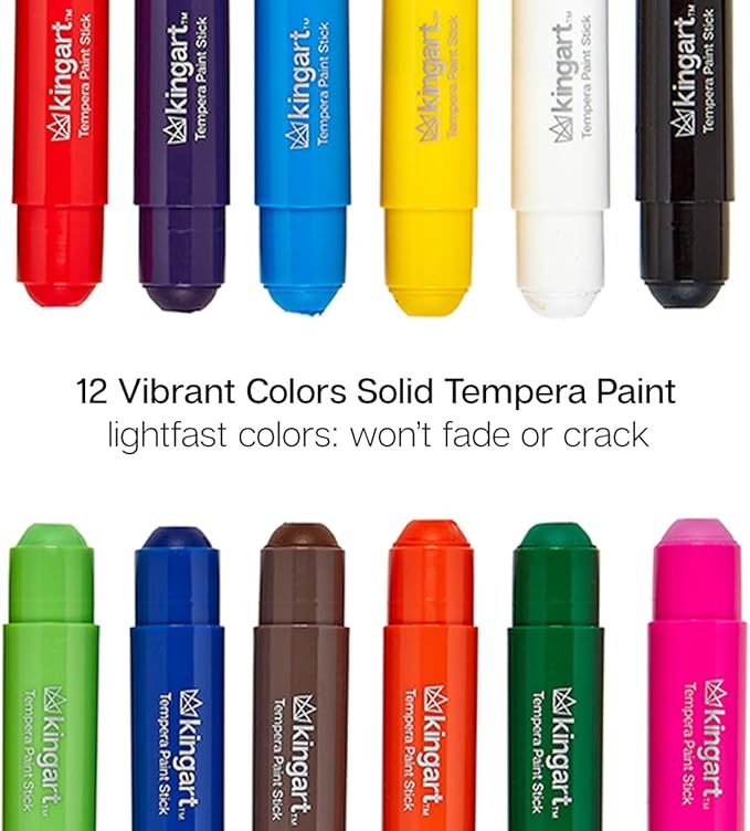KINGART TEMPERA PAINT Sticks, Set of 12 Rich Colors, Solid Tempera Paint, Super Quick Drying, Non-Toxic, Work Great on Paper, Canvas, Wood, Glass and more
