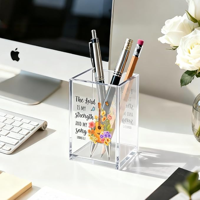 The Lord Is My Strength And My Song Pen Holder Makeup Organizer, Funny Guitar Scripture Christian Pencil Pen Holder for Desk, Exodus 15:2 Bible Verse Desk Accessories, Religious Gifts Pencil Cup