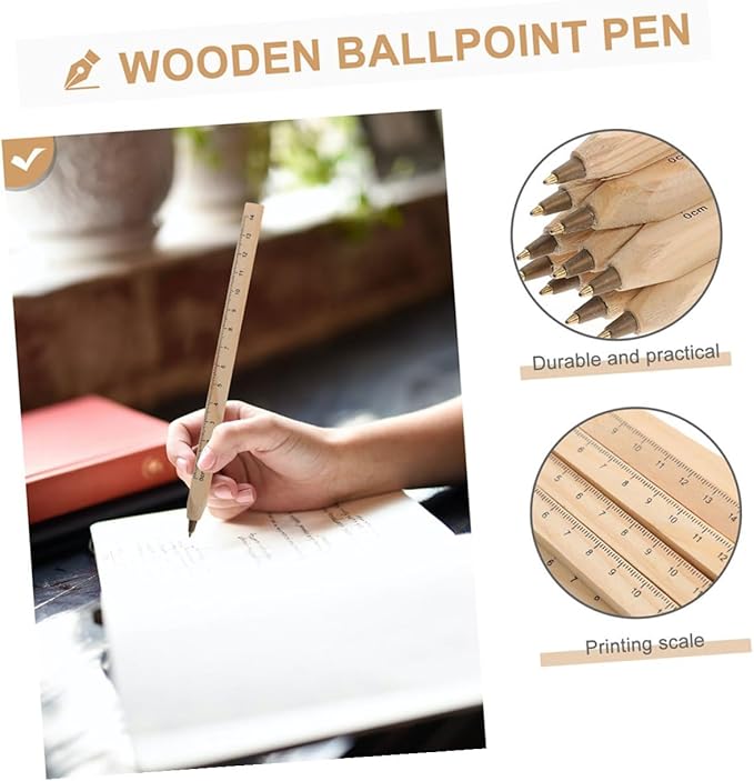 Zerodeko 6pcs Natural Wood Ballpoint Pens with Black Ink, Wooden Ruler Marking Pens for Carpenter and Technical Drawing, Eco-friendly Biodegradable Office Writing Set