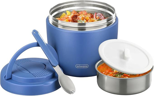 wiwens Thermo Food Jar for Hot Food Adults 32OZ Soup Thermo Lunch Containers Wide Mouth Vacuum Insulated Stainless Steel Leakproof Bento Box with Spoon (Blue)