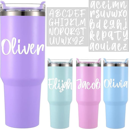 Humyoun UV DTF Cup Wrap Letter Stickers Vinyl Decals,White,6 Sheets | Personalized Name Stickers for Water Bottles Tumblers, Waterproof UV DTF Alphabet A-Z Stickers for 14-40oz Mugs DIY Craft