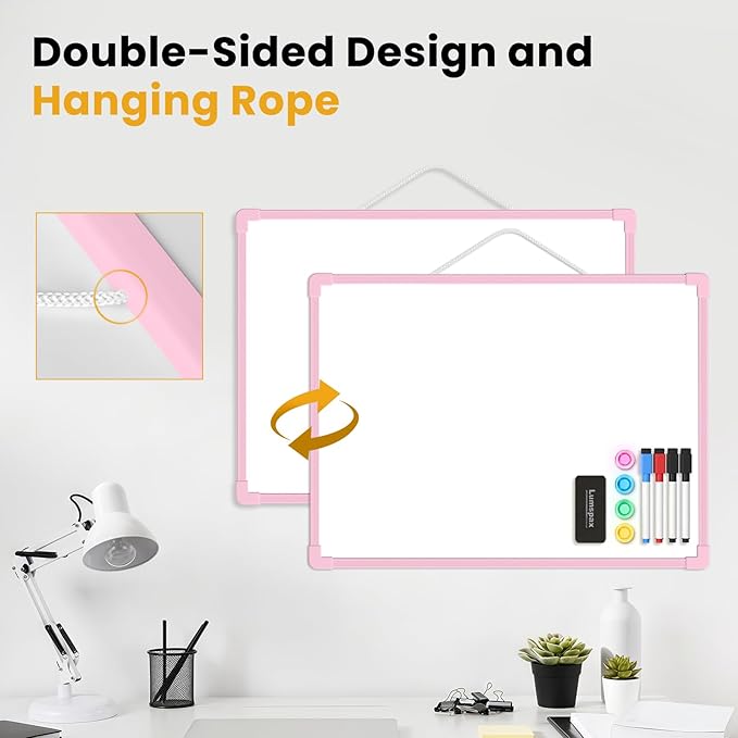 Pink Frame Small Dry Erase Board for Wall, 16" x 12" Double-Sided Hanging Whiteboard with 4 Markers, 4 Magnets and 3 Mini Sticky Notes, Portable Whiteboard for Kids, School, Home, Office
