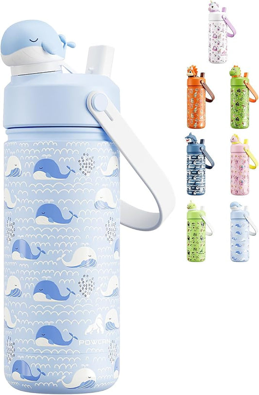 POWCAN 18 oz Kids Water Bottle for School: 2-in-1 Straw Spout Lid with Soft Animal Head, Leakproof, Backpack Friendly, Keep Cold 24H, Insulated cup for Sports, Playground, Holiday Gift (Whale Splash)