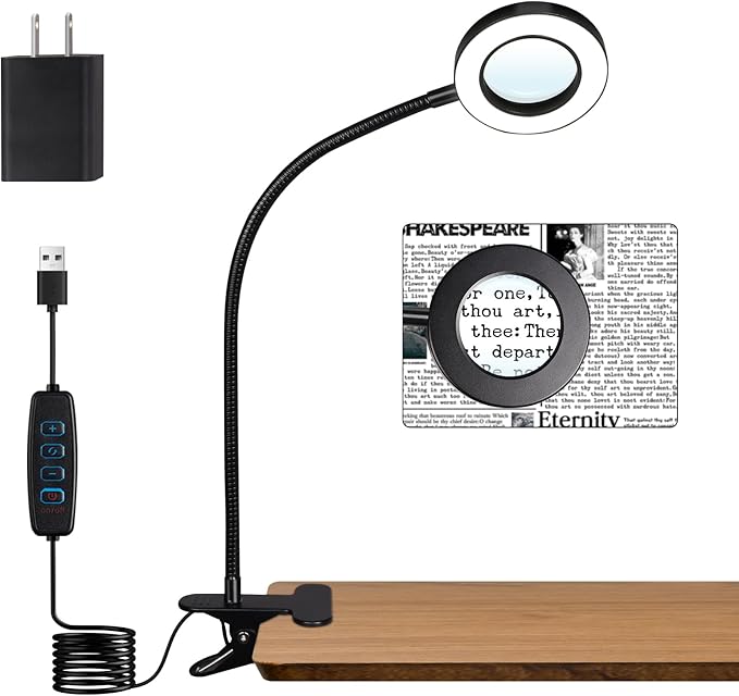 Woputne 5X Magnifying Glass Desk Clip Lamp, 10 Brightness, 3 Color Modes, 5V/2A Adapter Included – Clamp Light for Reading, Crafting, Close Work (Black)