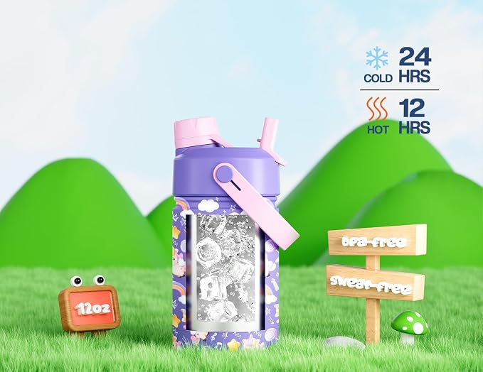 12 oz Insulated Water Bottle for Kids: 2-in-1 Straw Spout Lid, Spill-proof, BPA-Free, Easy Clean, Keep Cold 24H, Cute Patterns, Stainless Steel Cup for School, Travel, Playtime, Gift (Unicorn Jam)