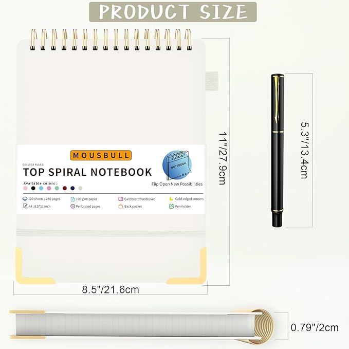 Mousbull Top Spiral Notebook, A4 Hardcover Top Bound Steno Pads, 240 Pages 100gsm College Ruled Left Handed Notebook Journal for Work, School, Meeting Writing - Beige, 8.5" x 11"