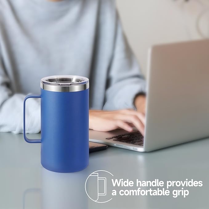 Volhoply 22oz Insulated Stainless Steel Coffee Mug with Leakproof Lid,Double Wall Vacuum Travel Coffee Cup with Handle,Reusable Metal Tumbler,Camping Mugs Keep Hot&Cold(Blue,1)