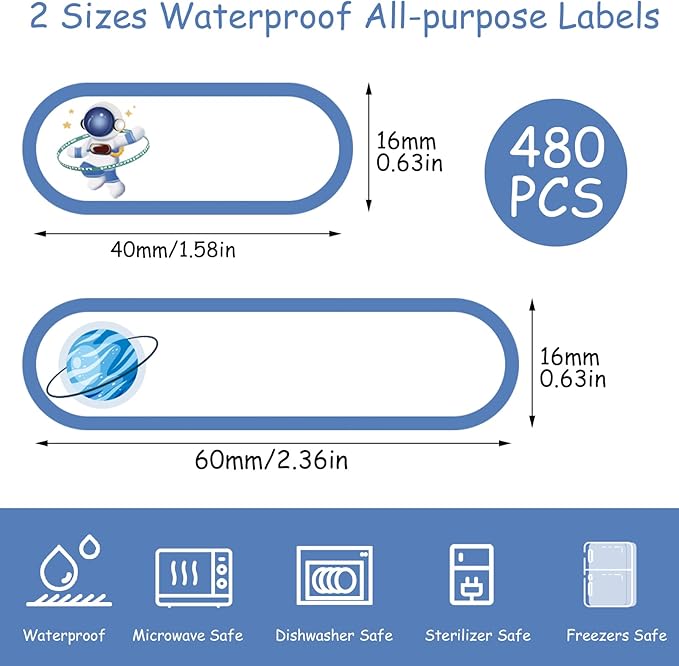 480 Pcs Waterproof Name Labels for Daycare, Gift Name Tags Stickers, Self-Laminating Multi Purpose Labels Name Labels for Kids Name Tags Stickers Labels(Cute Astronaut Style)