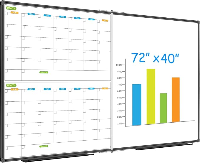 JILoffice Magnetic Foldable Dry Erase Calendar Whiteboard, 2 Month Calendar Board & White Board 72 X 40 Inch, Black Aluminum Frame Wall Mounted Board for Office Home and School