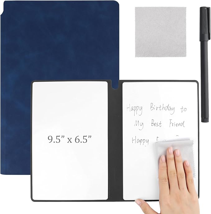 Reusable A5 Dry Erase Notebook Include a Wipeable Pen and Rag,9.4x6.5 Inch Erasable Notebook Whiteboard Notebook,Wipeable Notebook PU Hardcover for Office and Taking NotesBlue
