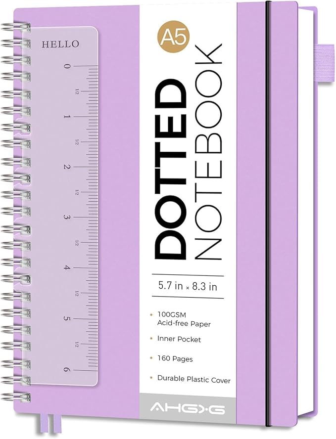 AHGXG Dotted Journal - Dot Grid Spiral Notebook A5, 160 Pages, 100 GSM Thick Paper, Waterproof Plastic Cover Journals for Bullet Journaling, Sketching, 5.7" x 8.3", Purple